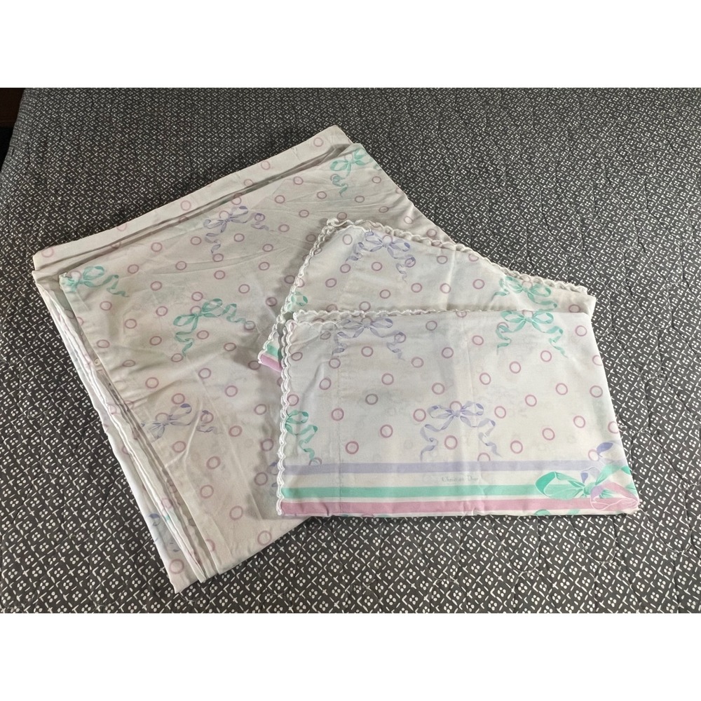 Christian Dior Vintage Duvet Pillowcase Set Bow Scalloped Lace Trim 2pc White